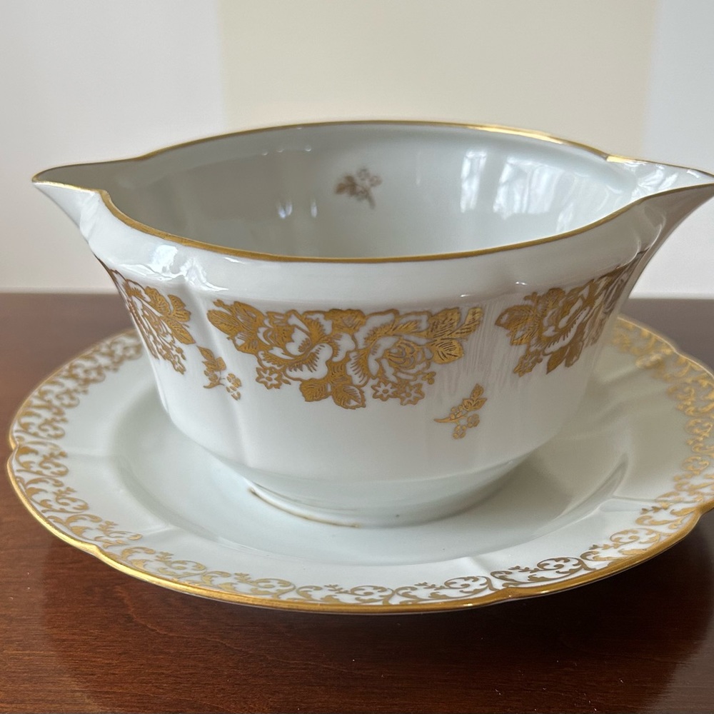 Vintage Pate de Limoges, France Double Pour Hand Painted Gravy Boat, Attached